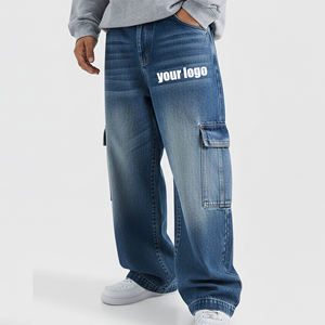 Pantalones Vaqueros de Pierna Recta en Color Azul Claro, Lavado a la Piedra, 100% Algodón, 14 Oz, con Bolsillos Tipo Cargo, Precio al por Mayor Accesible - Product Image 1