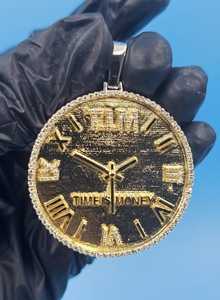 Luxury 18K Gold Plated Sterling <b>Silver</b> Hip Hop Moissanite <b>Clock</b> Time Is Money Roman Numerals Brilliant Cut Pendant for Unisex - Product Image 4