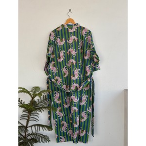 V-Neck Printed <b>Animal</b> <b>Pattern</b> Breathable <b>Knitted</b> Kimono Robe with Belt Long Sleeve Maxi Length Loose Fit 100% Cotton Cover-Up - Product Image 3