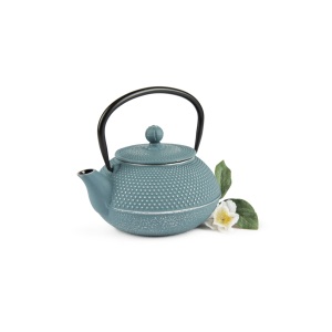 Tetera de hierro fundido Excelsa de 80 cl, color azul claro con textura punteada y asa negra - Product Image 1