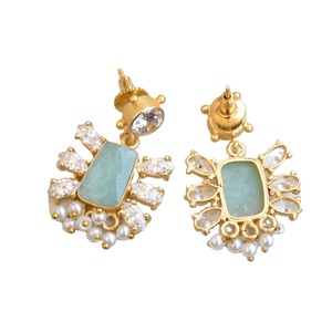 Boucles d'oreilles en laiton de qualité supérieure pour l'exportation, en gros, avec zircon et pierre naturelle, finition laiton antique, sans nickel, durables - Product Image 4