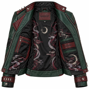 Dark Green Burgundy Women Leather Biker Jacket Graphic Printed Spiked <b>Studded</b> Coat Custom OEM ODM Wholesale Factory Supplier - Product Image 5