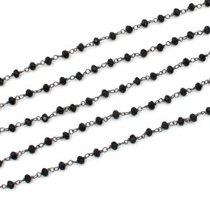 Chaîne de chapelet en onyx noir hydro, perles rondes facettées de 3 mm, fil métallique couleur bronze, vente en gros - Product Image 4