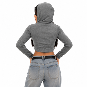 High Quality <b>Cropped</b> Sexy Women's Cotton Blend Hoodies <b>Zip</b> <b>Up</b> Slim Fit Solid Color Drawstring Autumn Winter OEM ODM Manufacturer - Product Image 3