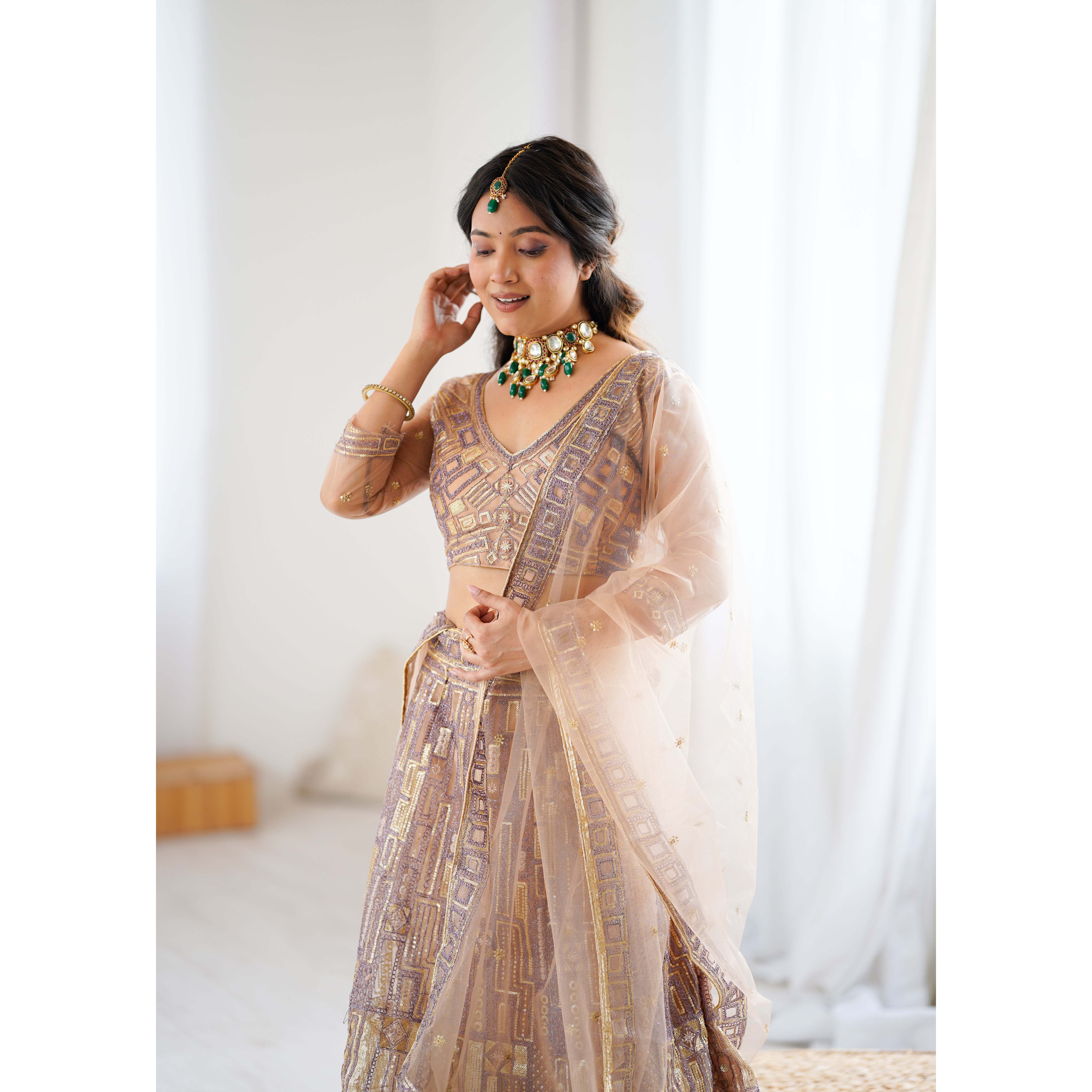 knee length dresses for ladies Nesavu Dress Lacha Girls Beige Kora Silk Cotton Lehenga Choli Peacock  Embroidery Dupatta  The Nesavu
