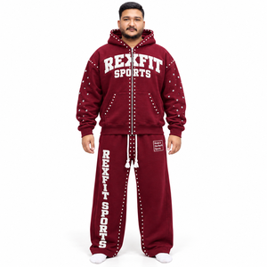 Hooded Tracksuit Heavy Fleece Zip <b>Jacket</b> Wide Leg Pants Applique Streetwear Set full Custom for mens French terry new design - Product Image 3