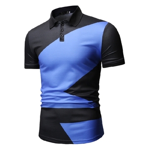 Polo à manches courtes bleu et noir à blocs de couleurs géométriques, coupe ajustée, décontracté, tricoté, séchage rapide - Product Image 5