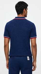 Chemise décontractée pour homme Oneten, bleu marine, tricotée, à manches longues, rayée, avec logo imprimé par transfert thermique sur le devant - Product Image 2