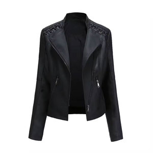 Blouson bomber coupe-vent en cuir PU noir pour femme, manches longues, col en V, fermeture éclair, couleur unie, longueur normale, col montant - Product Image 5