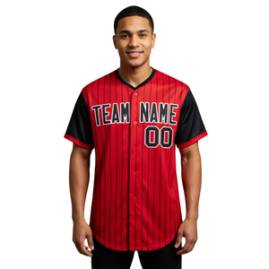 Maillot de baseball personnalisé en polyester, rouge et noir à rayures fines, chemise d'équipe boutonnée, nom et numéro, uniforme sportif - Product Image 1