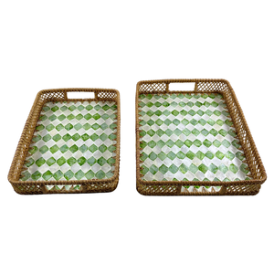 ถาดหวายสี่เหลี่ยมผืนผ้าสไตล์วินเทจทำมือ ดีไซน์เรียบหรู ลายเรขาคณิตสีเขียวฝังมุกคาปิซ ฐาน MDF ถาดเสิร์ฟตกแต่ง - Product Image 5