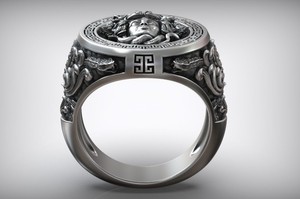 Superbe bague visage de Méduse en argent 925, oxydée style antique, avec bordure grecque, bijou statement pour homme et femme - Product Image 2