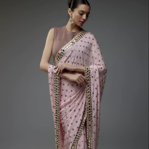 Sari Étnico para Mujer al por Mayor, Georgette Pesado con Lentejuelas de 5mm, Bordado Butti, Borde con Espejos, Sari Tradicional de Bollywood para Fiesta con Blusa - Product Image 1