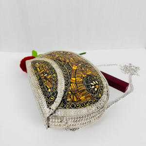 Luxury Modern Antique Polished Handmade Evening Party <b>Purse</b> <b>Yellow</b> Beaded Mosaic Sculpture Clutch Bag Gold-Plated Aluminium - Product Image 4