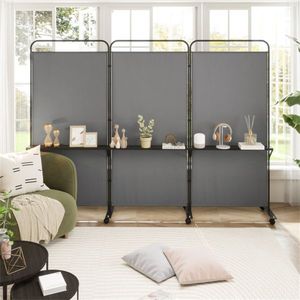 Customizable 3-Panel Folding <b>Divider</b> with Lockable Wheels and 3 Metal Shelves <b>Vintage</b> Design Grey <b>Room</b> Partition - Product Image 6