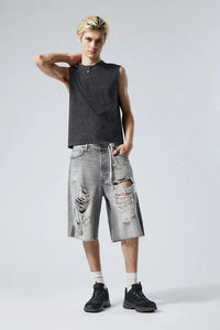 Men's High Waist Ripped Denim Bermuda Shorts Street Style Cotton Washed Fit Black Button Fly - Product Image 2