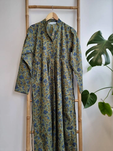 Pur coton mi-longueur vert robe florale élégant confortable indien bloc imprimé respirant bouton décontracté pour les vêtements de jour d'été - Product Image 4