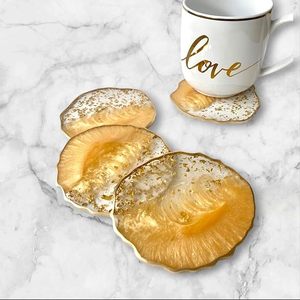 Glam <b>Epoxy</b> <b>Resin</b> Coaster Set Round Gold Leaf Design Non Slip Mats Non-Toxic Eco-Friendly Luxury for <b>Table</b> Decoration - Product Image 1