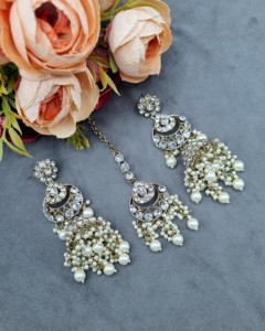 Heavy Ethnic CZ Studded Bridal Choker <b>Set</b> With Pearl Drop Accents Matching Earrings & Mangtika Antique Gold Plated <b>Jewellery</b> <b>Set</b> - Product Image 6