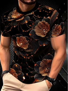 T-shirt à manches courtes pour homme, imprimé floral, coupe ajustée, col rond, vêtement décontracté, tissu en polyester tissé imprimé par sublimation - Product Image 4