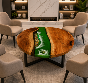 Luxury Modern Eco-Friendly Round Green <b>Epoxy</b> Resin Handmade River <b>Table</b> Top | Custom Dining Coffee <b>Table</b> Top - Product Image 2