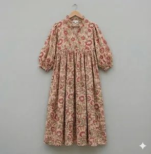 Vintage Floral Block Print Cotton Midi <b>Dress</b> with Puff Sleeves V-Neck <b>Loose</b> Fit Casual Summer <b>Dress</b> For Women - Product Image 1