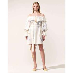 Vestido Mini de Algodón Blanco para Mujer, Hombros Descubiertos, Estampado Floral, Manga Larga, Cintura Ajustable, Estilo Boho - Product Image 4