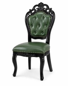 Chaise de salle à manger classique traditionnelle sculptée à la main en bois de Sheesham massif noir brillant, avec revêtement en Rexin vert capitonné pour chambre à coucher - Product Image 4