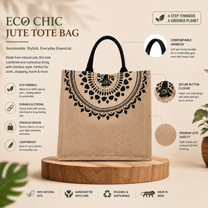 กระเป๋าช้อปปิ้ง EcoDari Luxury Jute Tote สีดำ หูหิ้วลายดอกไม้แมนดาลา รีไซเคิลได้ ใช้ซ้ำได้ เป็นมิตรกับสิ่งแวดล้อม เหมาะสำหรับใส่ของชำ ของขวัญ - Product Image 4