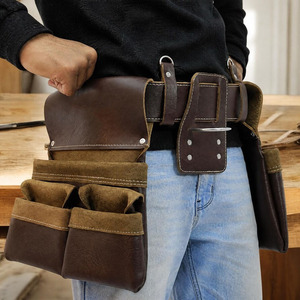 Organisateur de ceinture à outils en cuir robuste pour charpentier, avec pochettes spacieuses, boucle renforcée pour marteau et ajustement réglable - Product Image 1