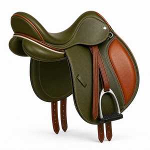 Silla de montar inglesa de cuero verde oliva y marrón, hecha a mano, de cuero genuino para equitación. - Product Image 3