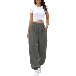 Women's Gray Harem Pants Mid <b>Waist</b> <b>Elastic</b> Loose Fit Full Length Solid Color Casual Spring Wear Knitted Cotton Pockets - Product Image 1