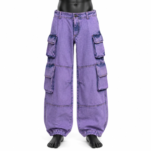 Custom Wholesale Purple Baggy Denim Cargo <b>Jeans</b> High Quality Multi Pocket Streetwear Pants <b>with</b> <b>Elastic</b> Hem - Product Image 3
