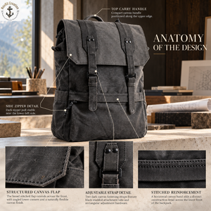 Sac à dos classique en toile gris anthracite avec rabat avant et bretelles |   Sac à dos vintage avec poche latérale zippée et poignée de transport supérieure - Product Image 5