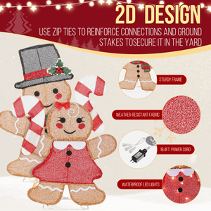 Pre-Lit 2D Holiday Decor Set of 2 Lighted Gingerbread Man and Candy Cane 80 Warm White LED Lights for Christmas Decorations - Product Image 4