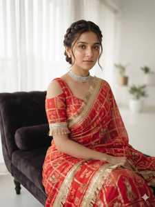 Sari Elegante de Diseño Bollywood Indio-Pakistaní, Saree Étnico Chic Rojo de Tela de Seda Dola Suave, Exclusivo y Moderno de Boutique India Nx - Product Image 2