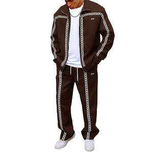 Premium Quality Brown Boxy Fit Hoodies sets Men Custom DTG <b>Chain</b> Print Raglan Sleeve Zip Up Jacket Wide Leg Jogging Pant Sets - Product Image 5