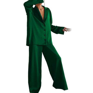 Conjunto de Pijama de Satén para Mujer, Manga Larga, Color Sólido, Cuello Alto, Cierre de Botones, Ecológico, Transpirable, Elegante - Product Image 2