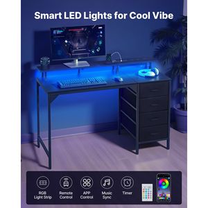 Scrivania da Gaming per Computer da 47 Pollici con Luci LED e Prese di Corrente, Supporto Monitor, 4 Grandi Cassetti, Postazione Studio - Product Image 2