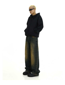 Jean en denim délavé coupe large pour homme, taille mi-haute, décontracté, en coton, style automne - Product Image 3