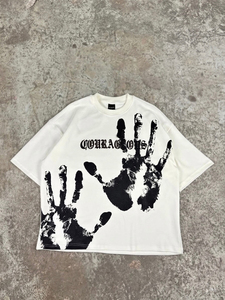 เสื้อยืดผ้าฝ้ายสีขาวขนาดใหญ่พิเศษพร้อมลายพิมพ์มือสีดำและข้อความสไตล์สตรีทเสื้อเชิ้ตคอกลมแขนสั้นผู้ชาย - Product Image 1