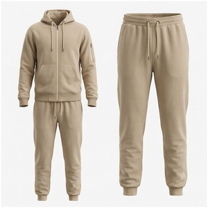 Ensemble de survêtement beige pour homme, manches longues, capuche, fermeture éclair sur le devant, couleur unie, respirant, coupe décontractée, vêtements d'automne - Product Image 1