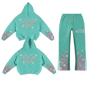 Ensemble de survêtement streetwear empilé pour hommes, deux pièces, avec pantalon jogger évasé et strass - Product Image 1