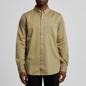 Camisa Elegante de Alta Gama para Hombre, Cuello Mao, Popelina de Algodón, Cierre Frontal, Color Liso, Primavera, Manga Larga, Color Caqui - Product Image 1
