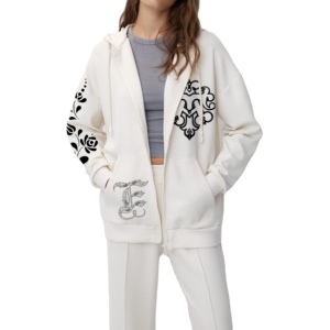 <b>White</b> Hooded <b>Zip</b>-<b>Up</b> Sweatshirt Set Embroidered Letter Design Casual Loose Fit Cotton Bamboo Fabric Autumn Wear - Product Image 4