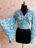 Top de seda estampado para mujer, top cruzado estilo bohemio, blusa con mangas acampanadas