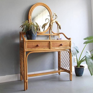 Luxury rattan makeup vanity table with large mirror retro style makeup dressing desk for bedroom decor - Product Image 3