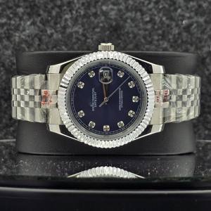 Montre de luxe pour hommes, en acier inoxydable, automatique, mécanique, cadran bleu, marqueurs en diamant, lunette cannelée, bracelet Jubilee - Product Image 5