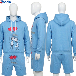 Conjunto de Sudadera con Capucha y Pantalones Cortos, 2 Piezas, Estilo Casual, Diseño de Corazón, Chándal Azul, Unisex, Tallas Grandes, Estampado de Dibujos Animados, Ecológico - Product Image 6