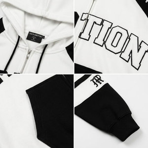 เสื้อฮู้ดซิปผู้ชาย สีดำขาว แขนเสื้อแบบแร็กแลน สไตล์สตรีทแวร์ ทรงโอเวอร์ไซส์ ผ้าฝ้ายฟลีซ ระบายอากาศได้ดี มีกระเป๋า - Product Image 6